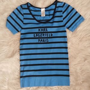 Karl Lagerfeld Blue & Black Striped Stretch T-Sgirt Size Small